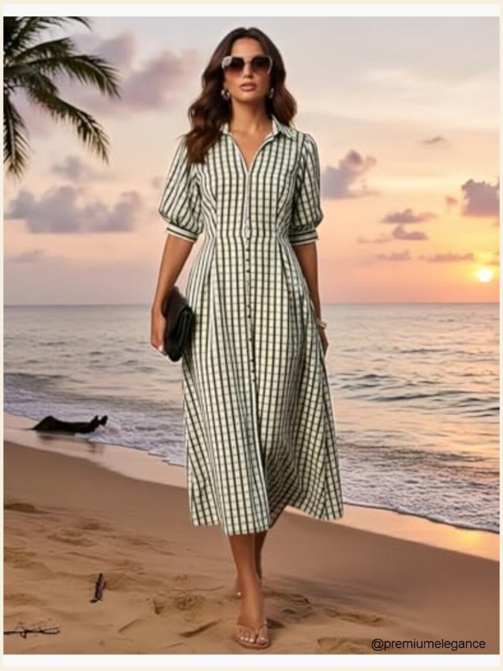 Gingham Midi Dress with Puff Sleeves and Pockets - Picture 3 of 6